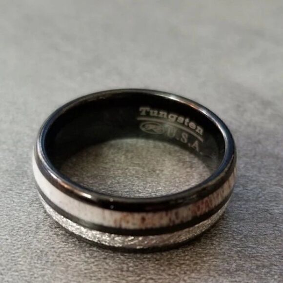 Men's Real Black Tungsten Wedding Ring Meteorite and Deer Antler Inlays - Picture 9 of 10